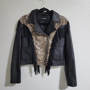 NWOT, Fashion Nova Fringe Moto Jacket Women's Lg Snake Print, Nice w/Pockets